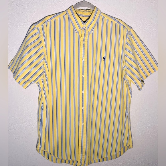 Vintage Ralph Lauren Mens XL Shirt Blue Yellow Stripe Short Sleeve Classic Fit - Picture 1 of 5